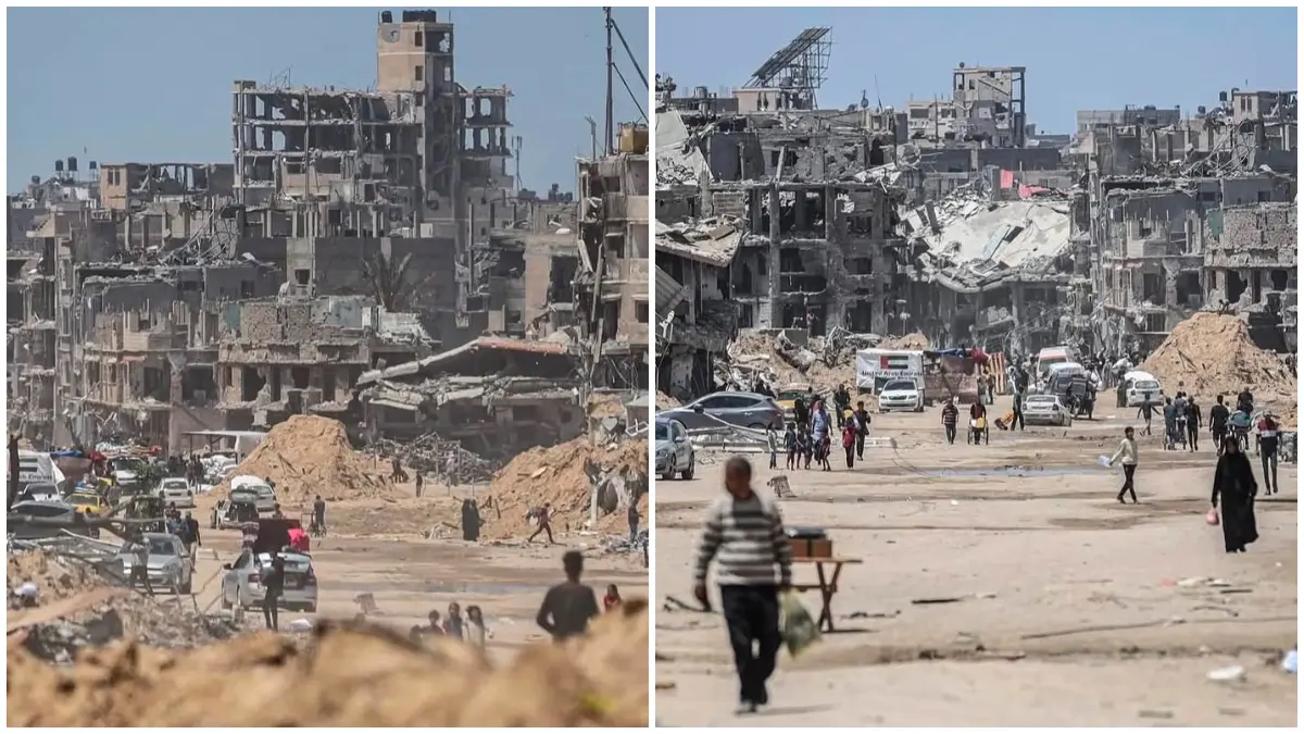 Reruntuhan dan puing-puing gedung di Kota Gaza, Palestina, akibat serangan Israel. (Foto: X @HasanEssam29636 dan @mhdksafa)