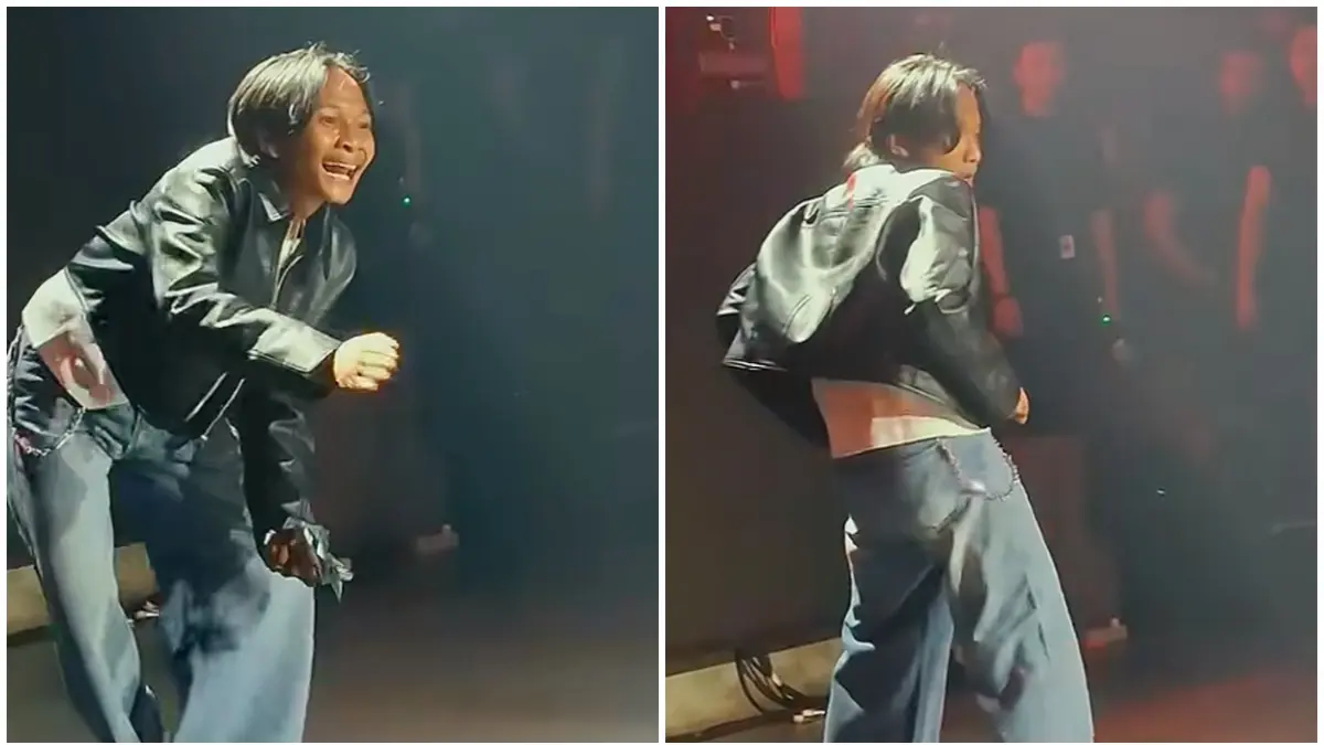 Aksi Fajar Sad Boy asyik berjoget energik saat DJ Panda tampil di atas panggung. (Foto : tangkapan layar TikTok: @lintang303d)