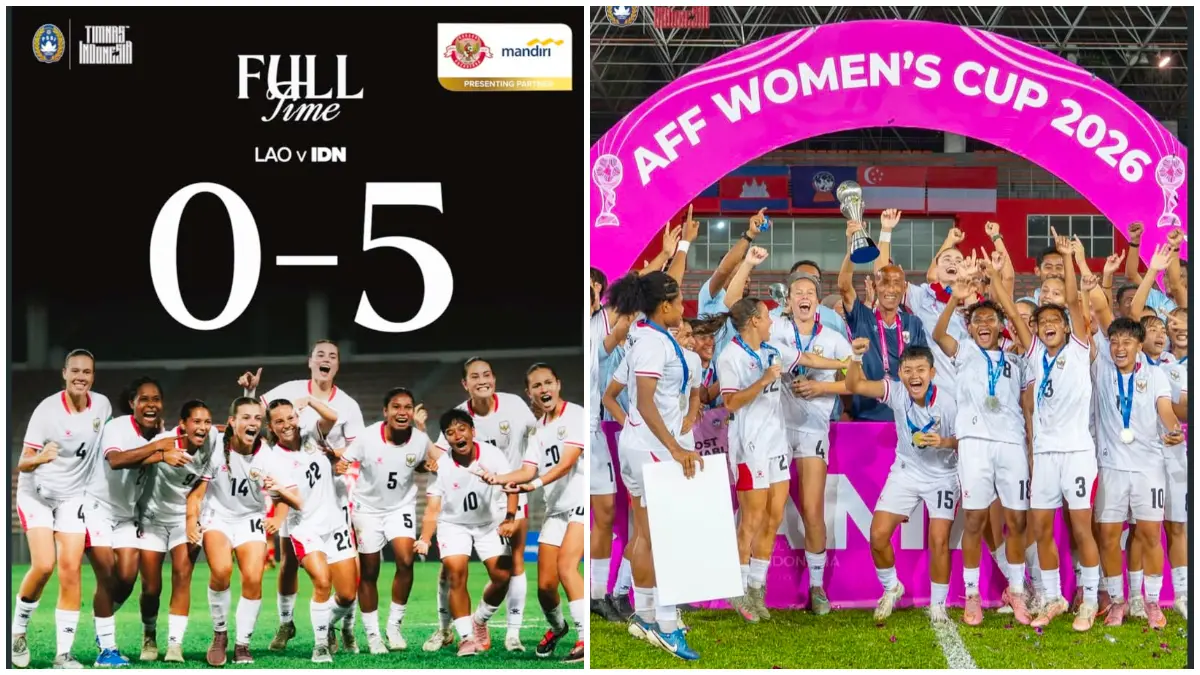Pemain Timnas Putri Indonesia mengangkat trofi usai memastikan gelar juara AFF Women’s Cup 2026 dengan kemenangan meyakinkan atas Laos. (Foto: Akun Instagram @kitagaruda)