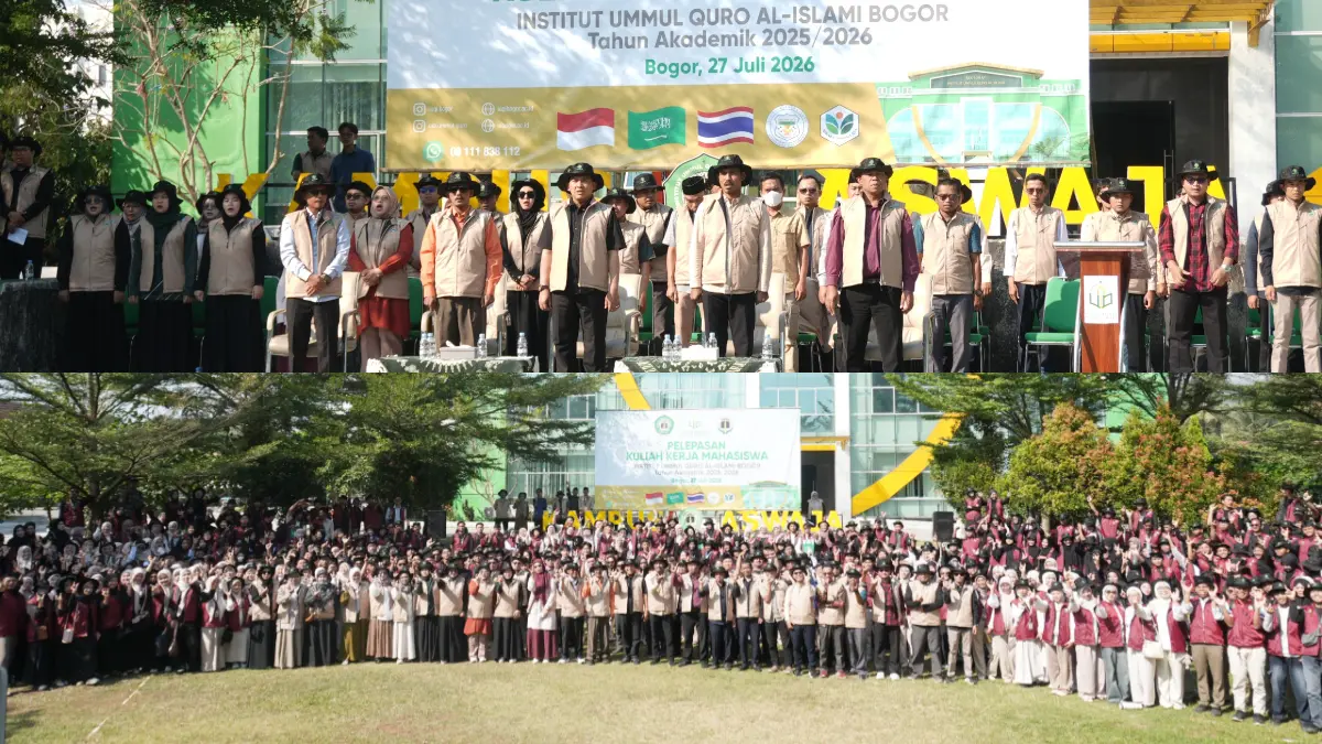 Pelepasan 422 mahasiswa peserta Kuliah Kerja Mahasiswa (KKM) IUQI Tahun Akademik 2025/2026 oleh Rektor Institut Ummul Quro Al-Islami (IUQI) Bogor, Dr. KH. Syamsul Rizal. (Dok. IUQI)