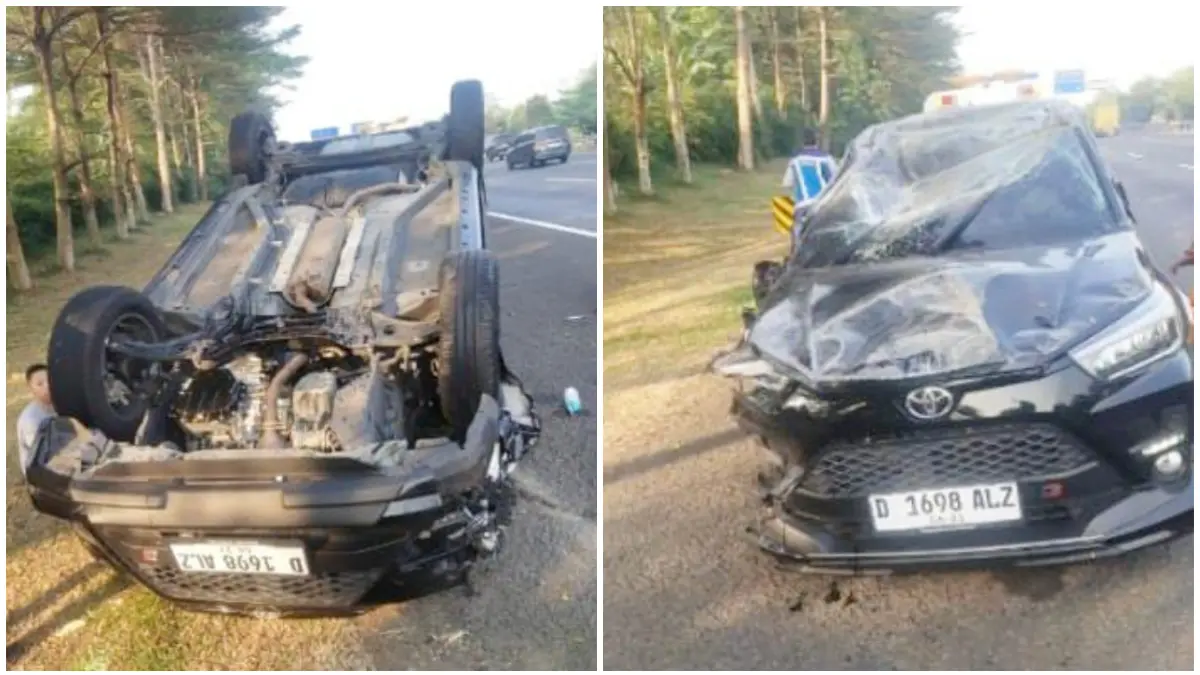 Kondisi mobil yang terbalik akibat kecelakaan lalu lintas di Tol Jagorawi. (Foto : Ka Induk PJR Jagorawi)