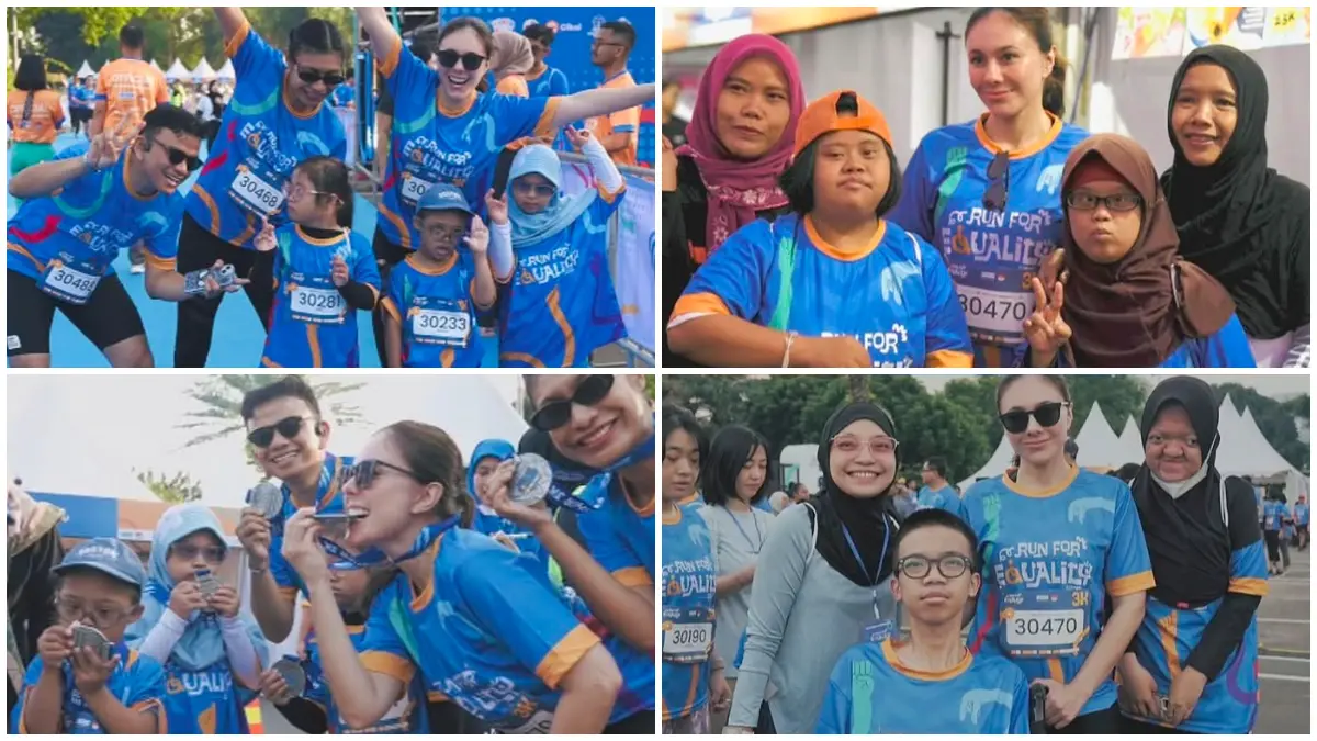 Wulan Guritno berbagi momen hangat dengan &nbsp;anak anak disabilitas usai mengikuti lari 3K. (Foto: Instagram @wulanguritno)&nbsp;