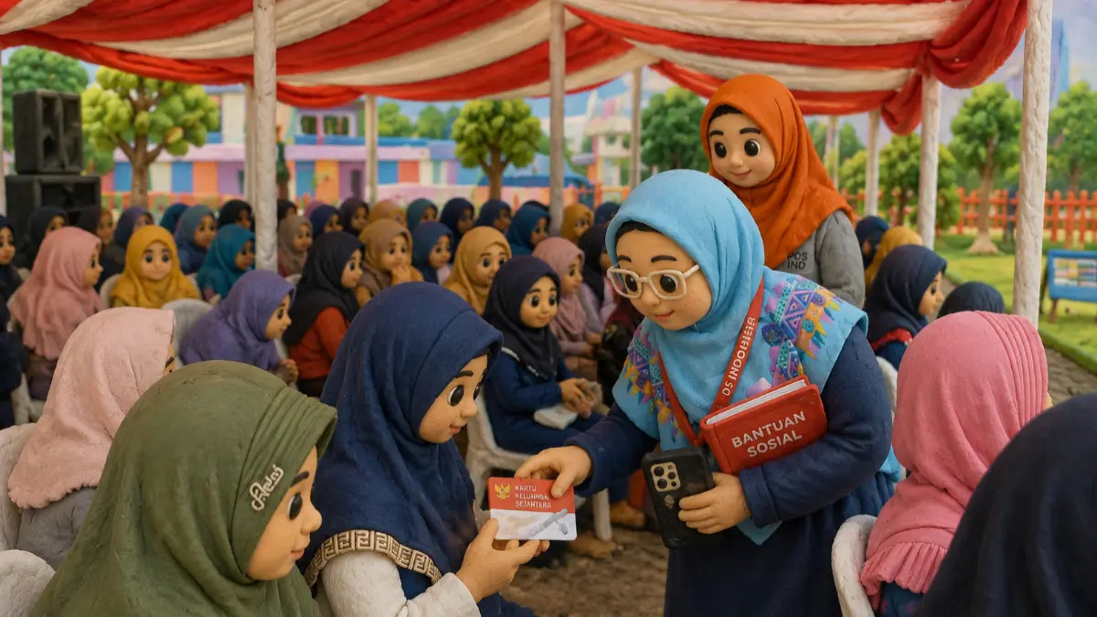 Ilustrasi penyaluran bansos oleh KPM KKS Merah Putih (Foto: YouTube Pos Indonesia/diolah oleh AI)