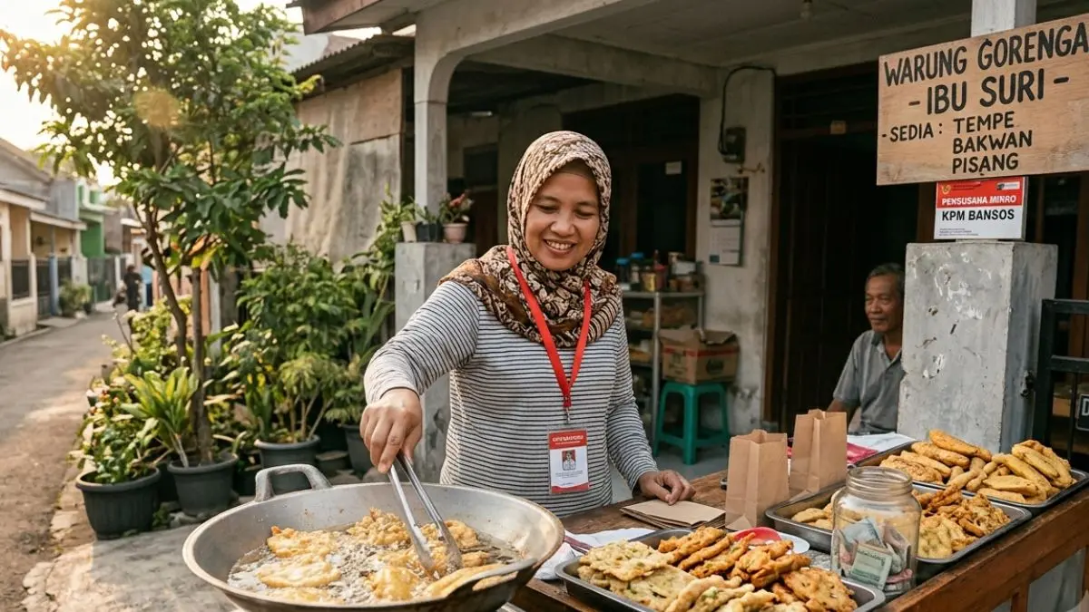 Ilustrasi penerima bansos membuka usaha gorengan di rumah. (Gemini AI)