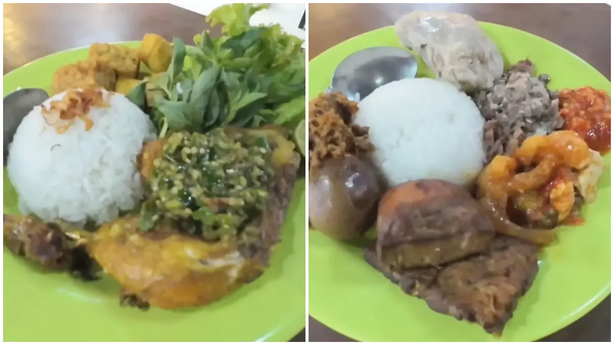 Gudek dan ayam penyet cabai hijau makanan dari kedai Murah Hati di Batavia Food Festival Harco Glodok. (Foto: Kanal YouTube VLOG IVAN)