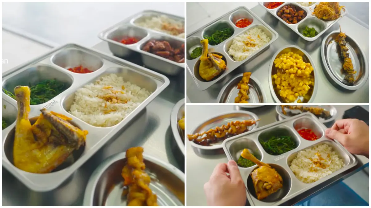 Aneka ragam menu dari kedai Ayam Goreng Mas Wowo yang ditata rapi di atas ompreng ala MBG. (Foto: Kanal YouTube Mamank Kuliner)