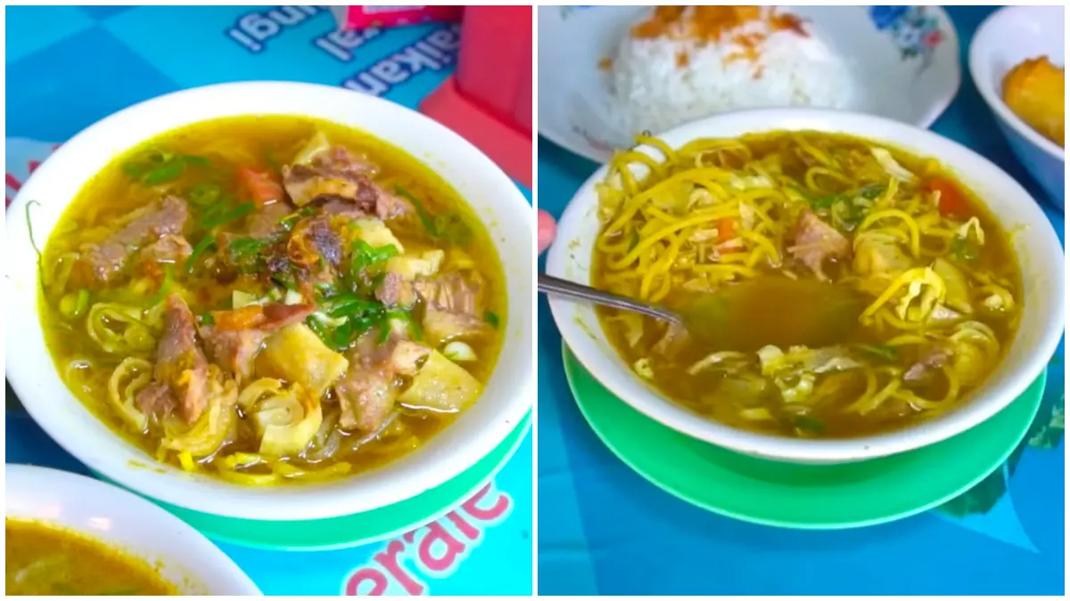 Tampilan dua varian menu soto kuah bening dan soto kuah santan dari Warung Soto Bapak Haji Amin Ligut. (Foto: Kanal YouTube Bang Mpin)