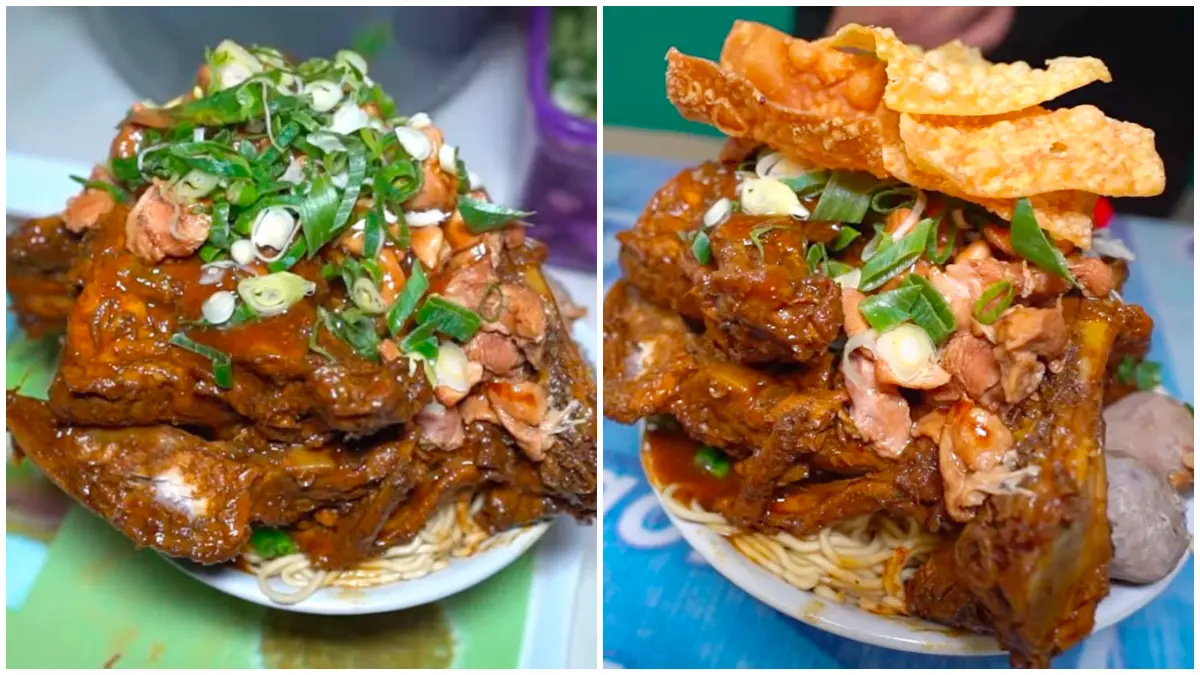 Tampilan mie ayam dengan topping tulang ayam brutal dari Mie Ayam Alvin. (Foto: Kanal YouTube Boengkoes)