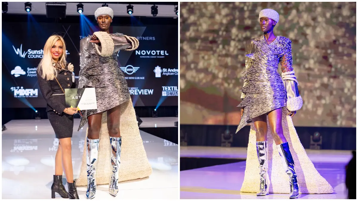 Desainer asal Dramaga, Bogor, Laras Andriyani (kiri) dengan karya “Silent Luminous” yang meraih 2026 Avant-Garde Award pada Australian Wearable Art Festival 2026. (Foto: Dok Pribadi for Radar Bogor)