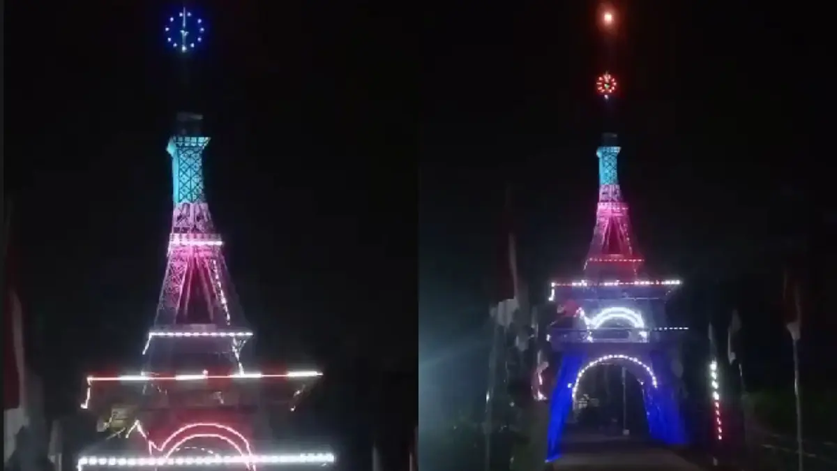 Menara Eiffel bambu yang dibuat pemuda Mekarsari, Kabupaten Bogor.