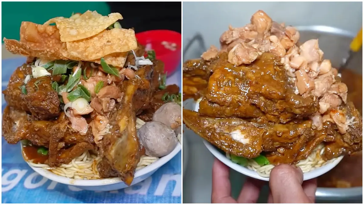 Mie ayam jumbo dengan tulang dan ceker melimpah ini dibanderol mulai Rp24 ribu. (Foto : YouTube @BoengkoesNetwork)