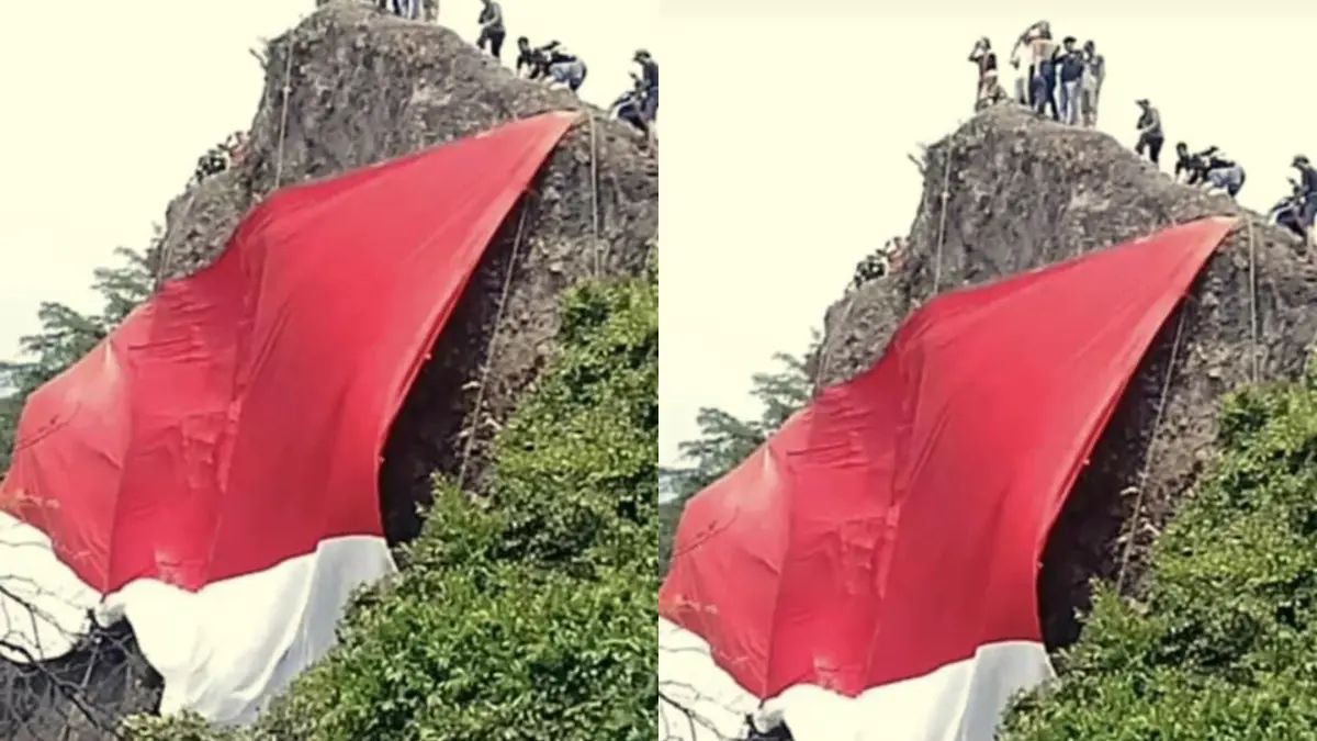 Pengibaran bendera merah putih di puncak Gunung Munara, Kecamatan Rumpin, Kabupaten Bogor, Jawa Barat, Sabtu (15/8/2026).