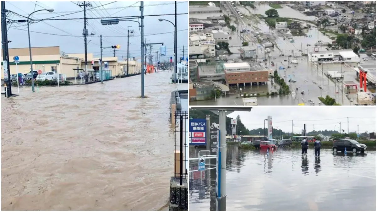 Hujan deras mengguyur Prefektur Chiba, Jepang, sejak Kamis malam hingga Jumat, 14 Agustus 2026, menyebabkan banjir dan melumpuhkan transportasi.&nbsp; (Foto : Reuters/AP)
