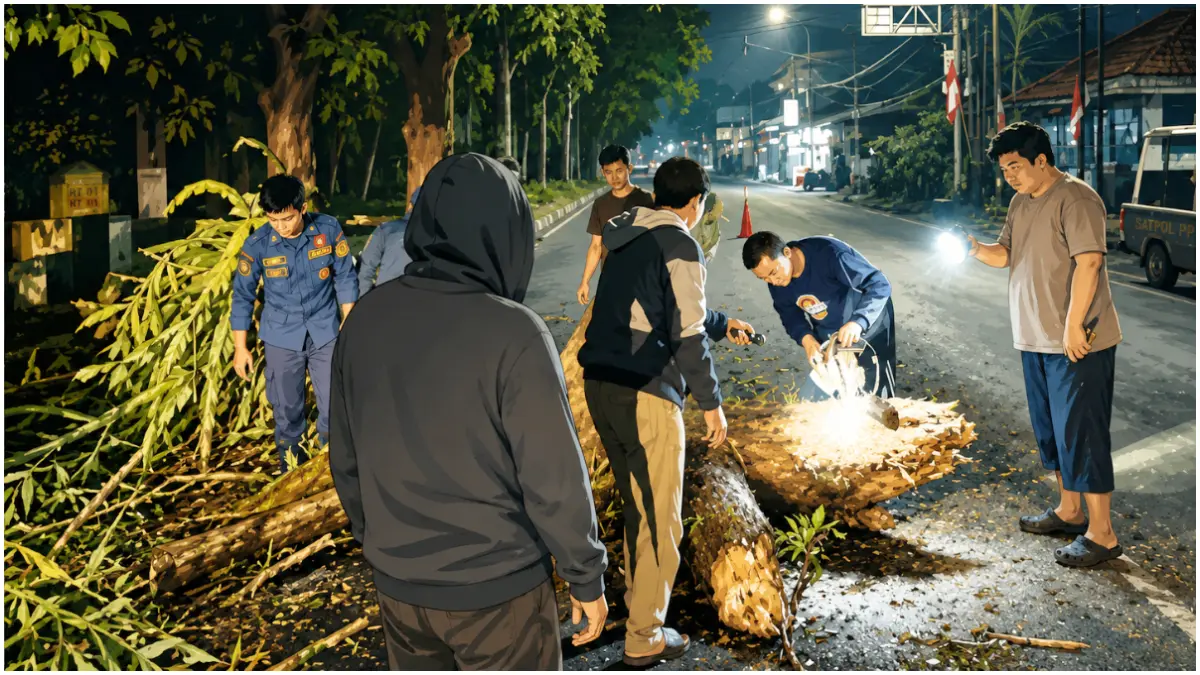 Ilustrasi penanganan pohon tumbang di Jalan Raya Ciawi - Sukabumi, Desa Wates Jaya, Cigombong, Bogor Selasa 18 Agustus 2026 dini hari.