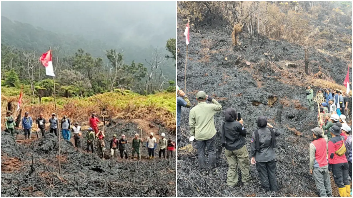 Relawan yang tergabung dalam Tim Pemadam Kebakaran Gunung Gede - Pangrango melaksanakan upacara pengibaran bendera di momen HUT Ke-81 RI. (Foto : RIMBA)