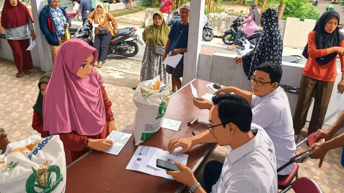 Ilustrasi penyaluran bantuan pangan beras 30 Kg (Instagram @desagagaksipat diolah Gemini AI)