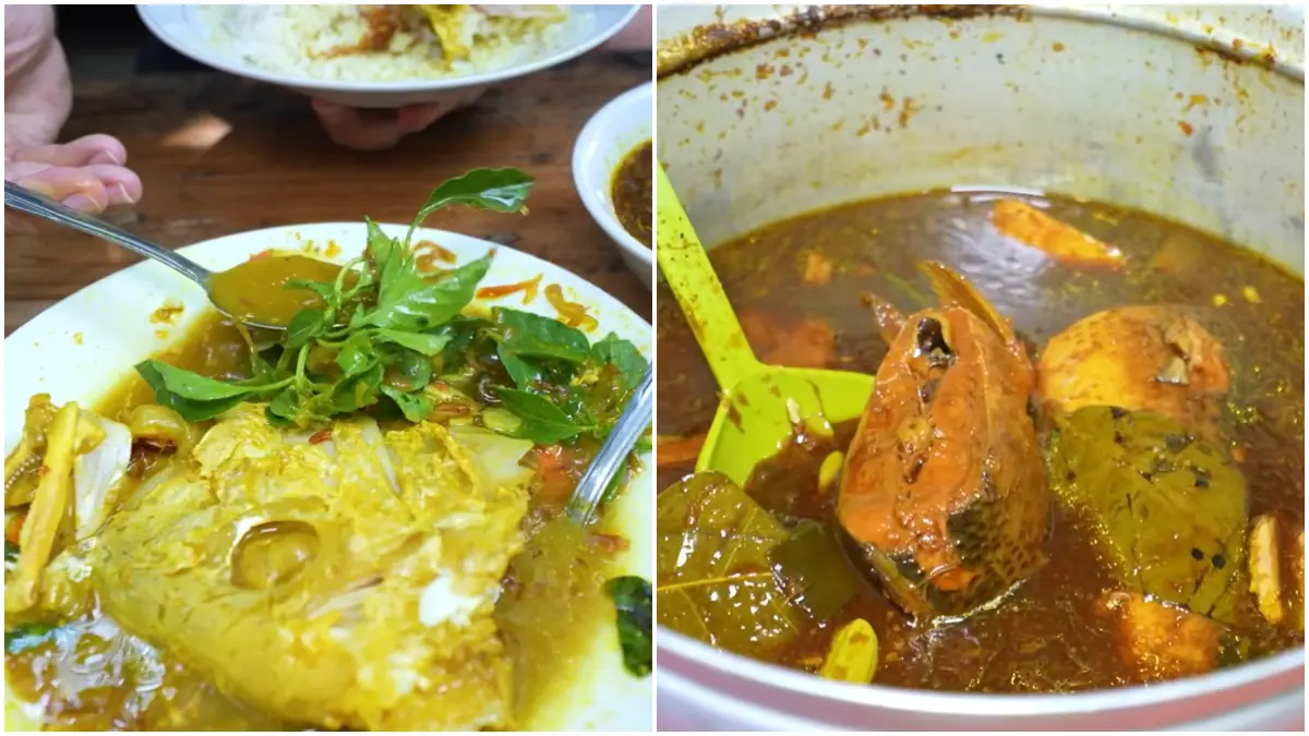 Tampilan kepala ikan kakap kuah kuning dan bandeng kecap dari warung makan Kepala Kakap Pak Salim. (Foto: Youtube @kokokuliner)
