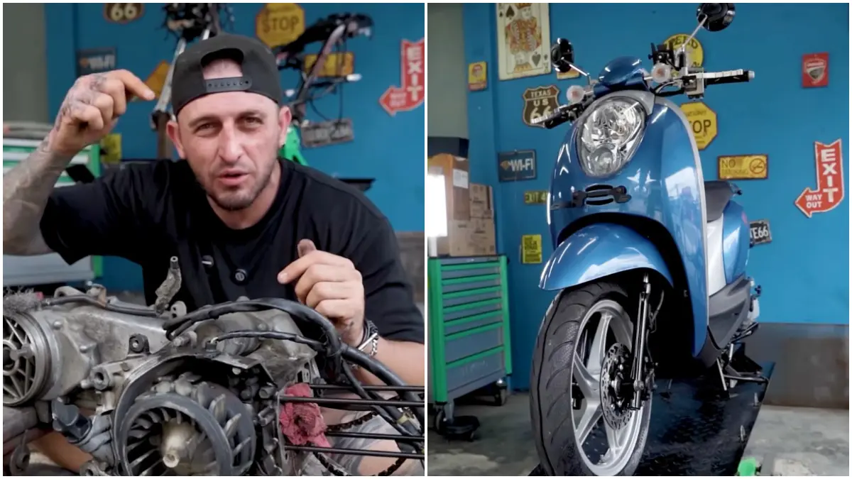 Kondisi Honda Scoopy  dari motor penuh lakban hingga kembali seperti baru. (Foto : YouTube @BuleMerakyat)