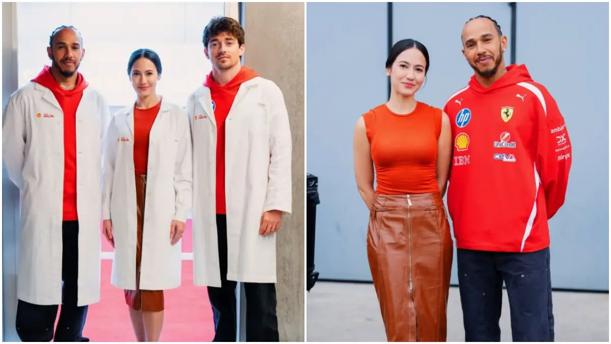 Pevita Pearce saat bertemu dan berfoto bersama dua pembalap Formula 1, Lewis Hamilton dan Charles Leclerc, di Sirkuit Monza, Italia.&nbsp;(Foto: Instagram @pevpearce)