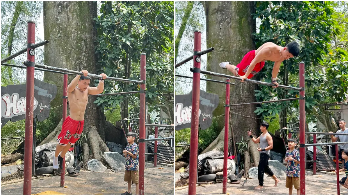 Keseruan Bar Battle olahraga Kalistenik di Skate Park Sempur Kota Bogor. (Foto : Fauzan/Radar Bogor)