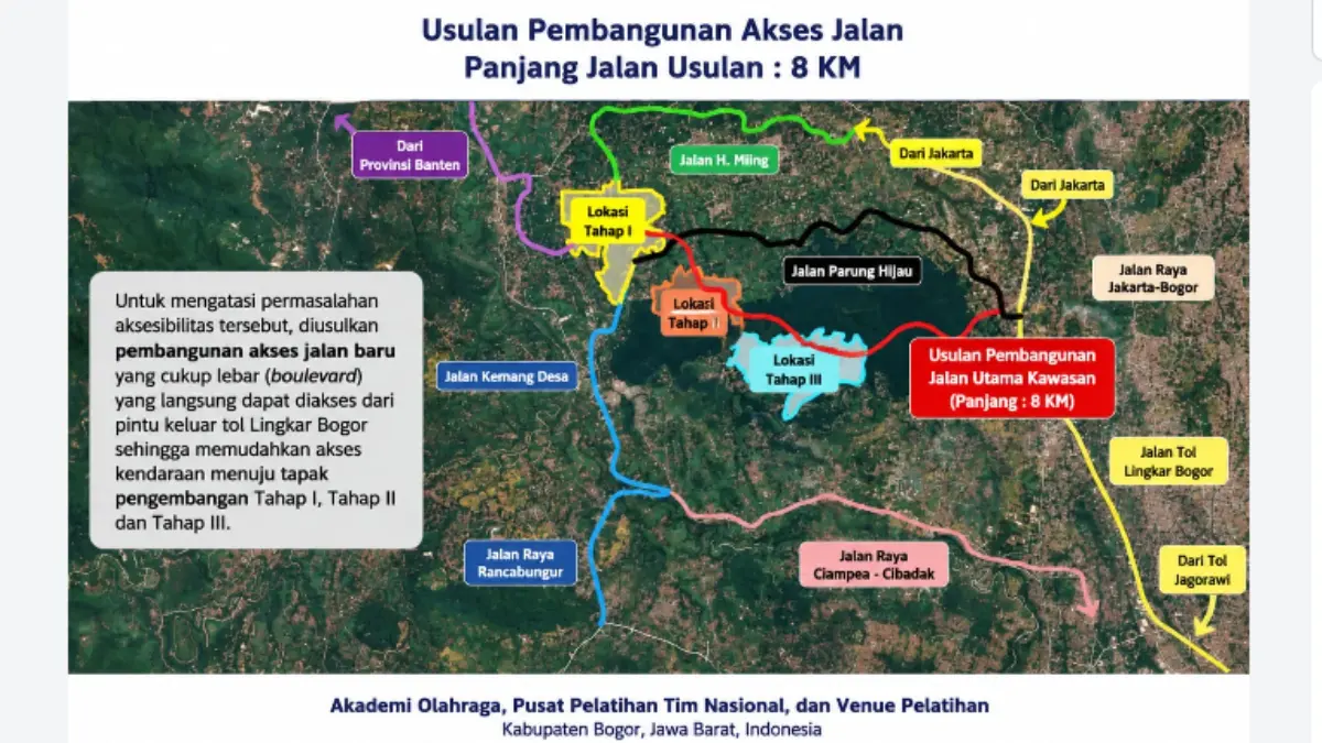 Usulan pembangunan akses jalan sepanjang 8 kilometer di kawasan sport center nasional Rancabungur, Kabupaten Bogor. (Dok. Diskominfo Kabupaten Bogor)