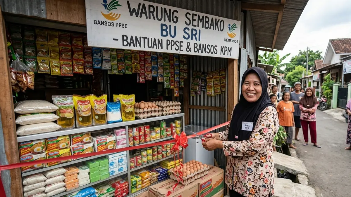 Ilustrasi KPM bansos PPSE membuka usaha warung sembako. (Gemini AI)
