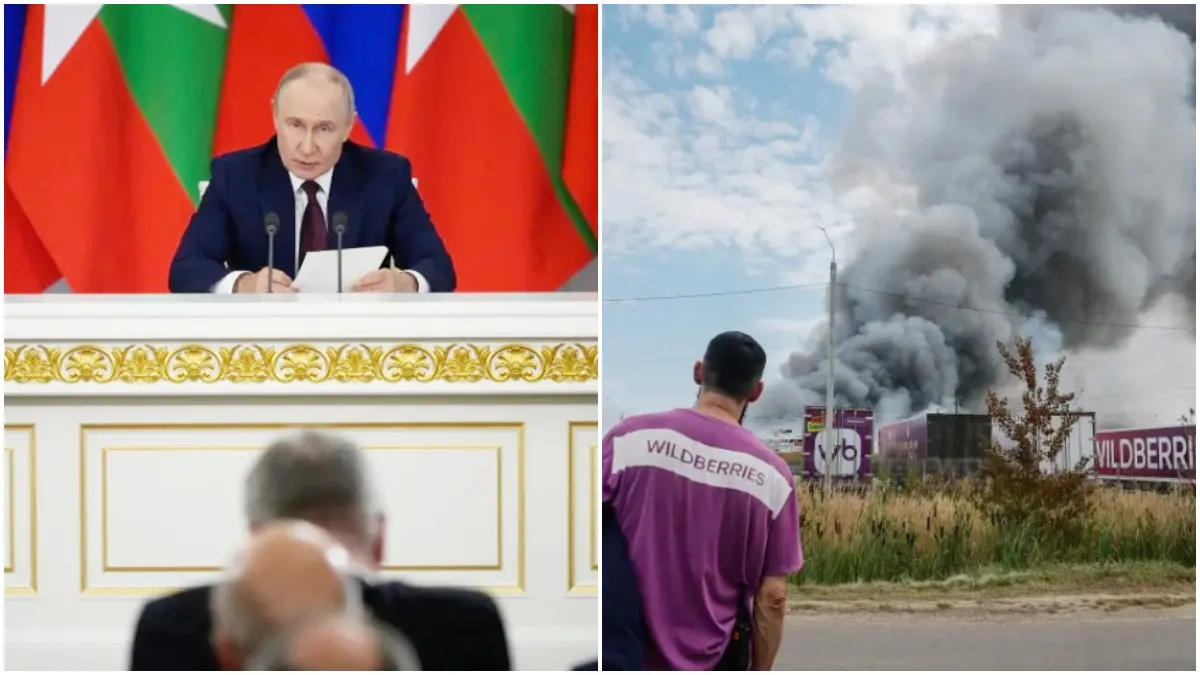 Putin saat menghadiri rapat penandatangan di Myanmar, pembakaran gudang pengecer yang diakibatkan Ukraina dan krisis yang dilanda Rusia perihal bahan bakar. (Foto: Tatyana Makeyeva, Alexander Zemlianichenko)
