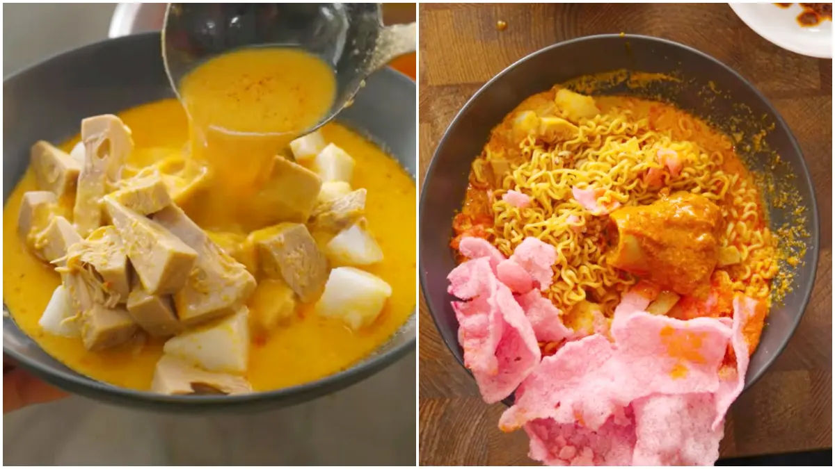 Ketupat gulai cubadak dipadukan dengan Indomie goreng, gulai tunjang hingga rendang. (Foto : YouTube Mamank Kuliner)