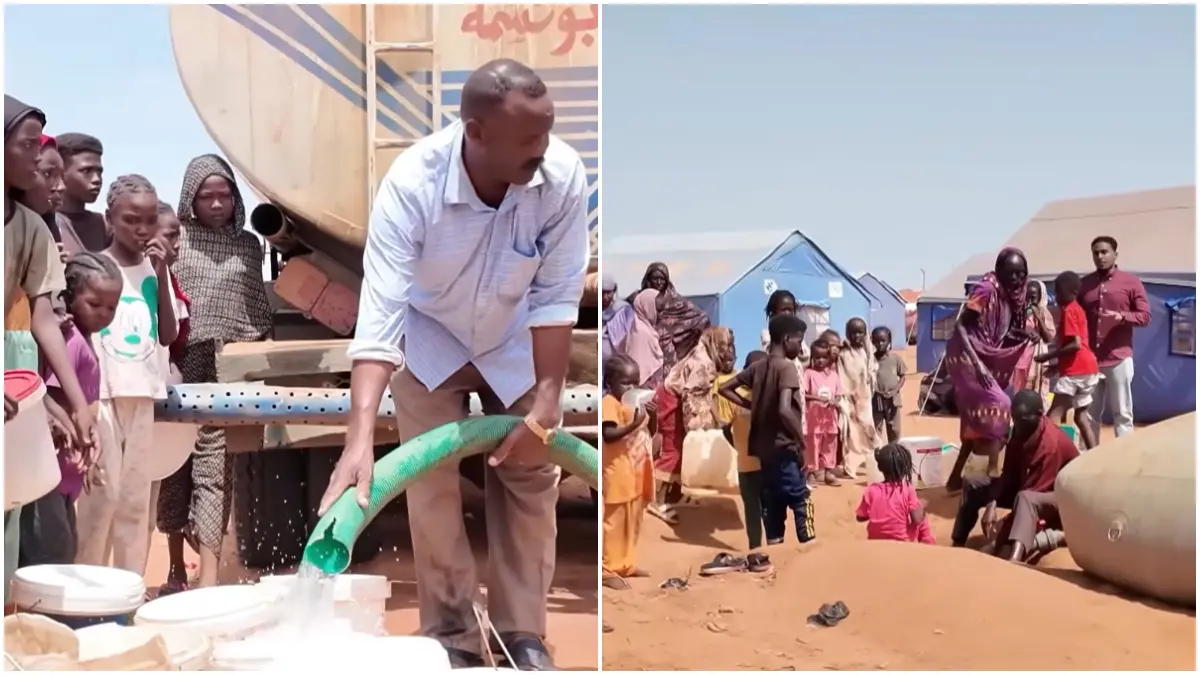 TakarirPotret warga Sudan yang mengantre air bersih. (Foto: Kanal Youtube @AlJazeeraEnglish)