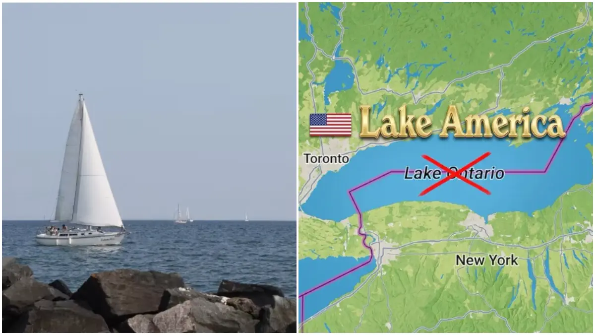 Potret Danau Ontario serta potret unggahan peta yang dibuat oleh Trump perihal pergantian nama Danau. (Foto: Truth Social, Creative Touch Imaging Ltd)