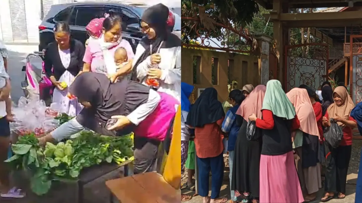 Warga saat mengambil sayuran yang dibagikan secara gratis oleh Putri di depan kediamannya di Villa Kayu Tamansari, Jalan Raya Ciapus, Tamansari, Kabupaten Bogor. (Dok. Putri) 
