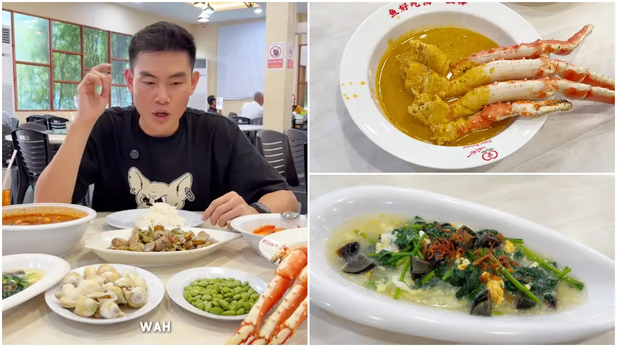 Menu seafood Kepiting Alaska jumbo dengan saus telur asin dan lada hitam, ditemani kerapu asam pedas hingga gonggong khas Batam. (Foto : YouTube Garry Ang)
