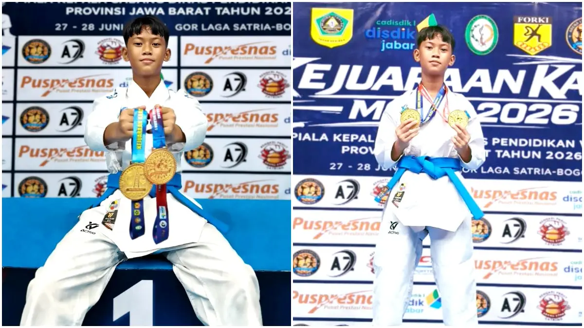 Erlangga Abdillah Nugroho, siswa SDS Kartika XI-8 yang meraih dua medali emas dalam Kejuaraan Karate MGMP 2026.