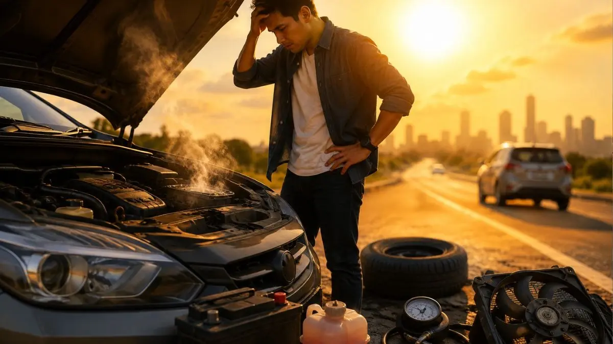 ilustrasi mesin mobil mengalami overheat saat berkendara (ilustrasi GeminiAI)