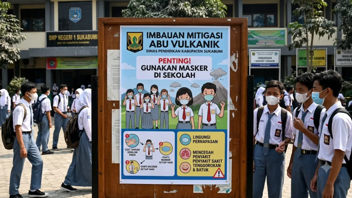 Ilustrasi imbauan Disdik Sukabumi mengenai migitasi abu vulkanik Gunung Anak Krakatau (Gemini AI)