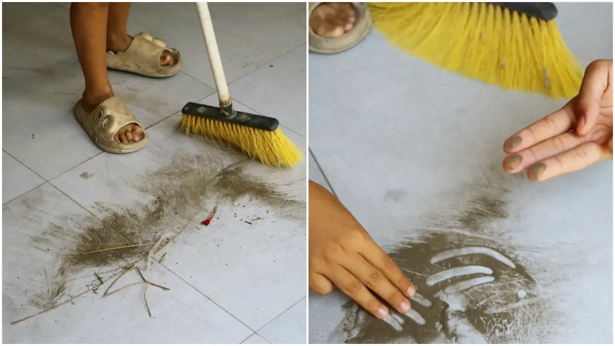 Warga membersihkan debu abu vulkanik di teras rumah di Cibadak, Ciampea. Kabupaten Bogor Minggu  6 September 2026. (Foto : Hendi Novian / Radar Bogor)