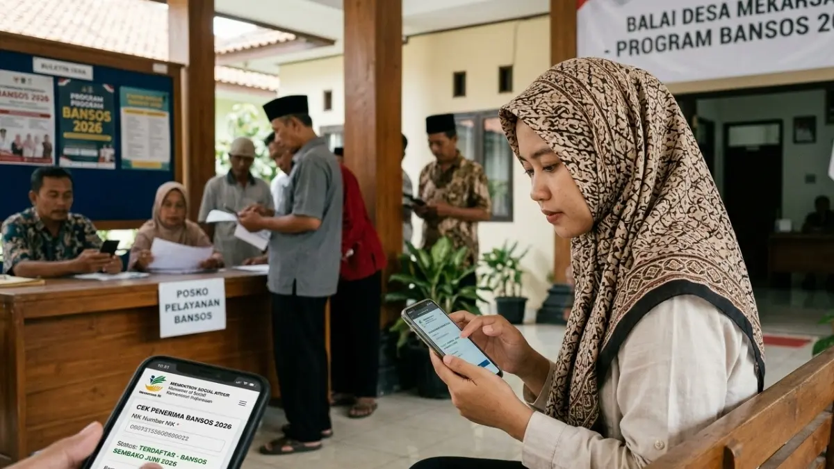 Ilustrasi mengecek bansos menggunakan HP. (Gemini AI)