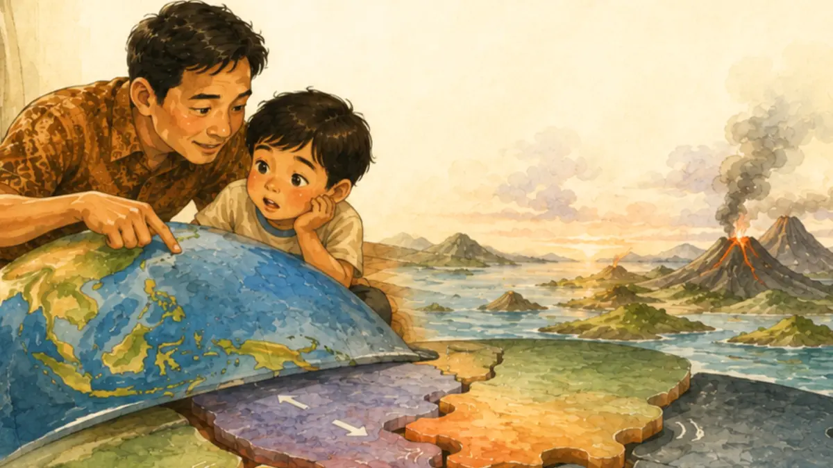 Ilustrasi orang tua yang menjelaskan kepada anak tentang bahaya dari abu vulkanik Gunung Anak Krakatau (Instagram @idai_ig) 