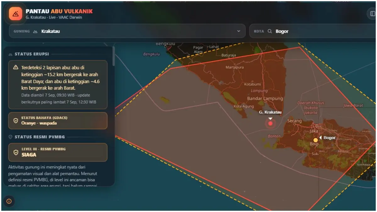 Peta sebaran abu vulkanik akibat erupsi Gunung Anak Krakatau lewat web abu.cikoytew.my.id.