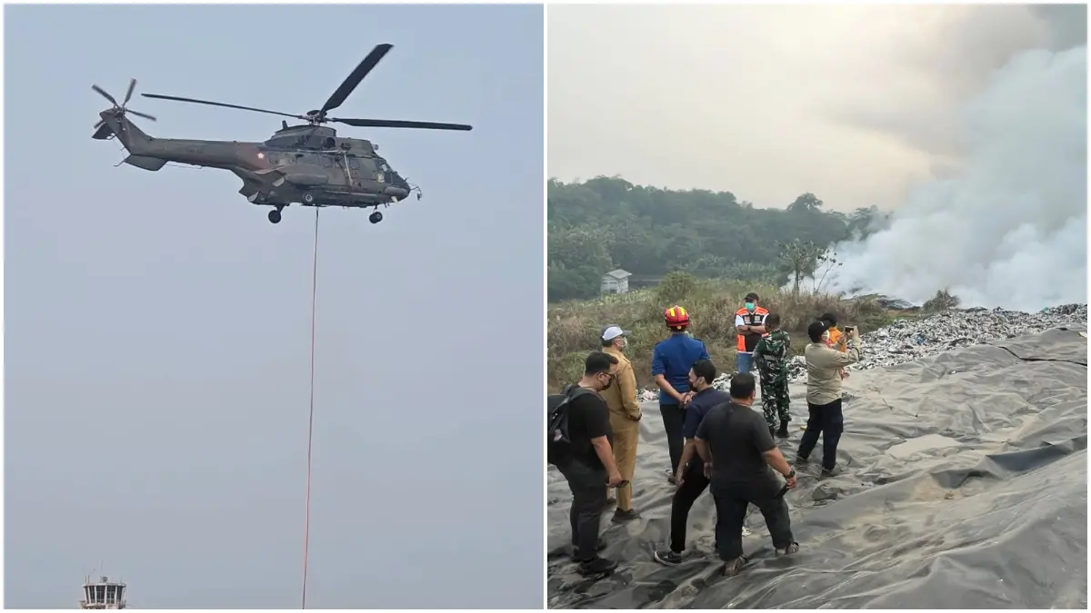 Bupati Bogor, Rudy Susmanto masih bertahan di lokasi kebakaran TPAS Galuga. Proses pemadaman menggunakan helikopter dengan metode waterbombing, Selasa 8 September 2026. (Foto/Septi Nulawam)