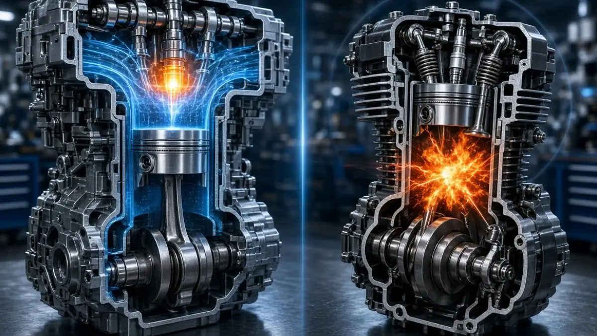 Ilustrasi perbedaan kompresi mesin diesel dan motor (ilustrasi Gemini AI)