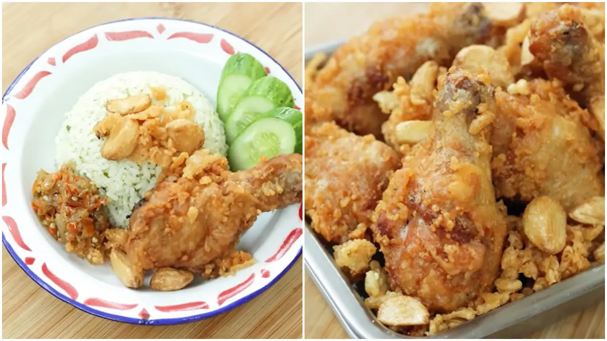 Ayam goreng bawang putih krispi disajikan bersama nasi daun jeruk dan sambal. (Foto: Kanal Youtube Devina Hermawan)
