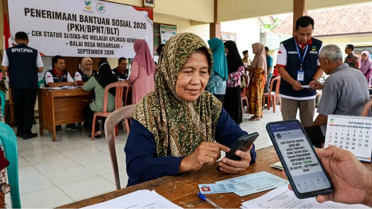 Ilustrasi KPM bansos mengecek status SI menggunakan HP. (Gemini AI)