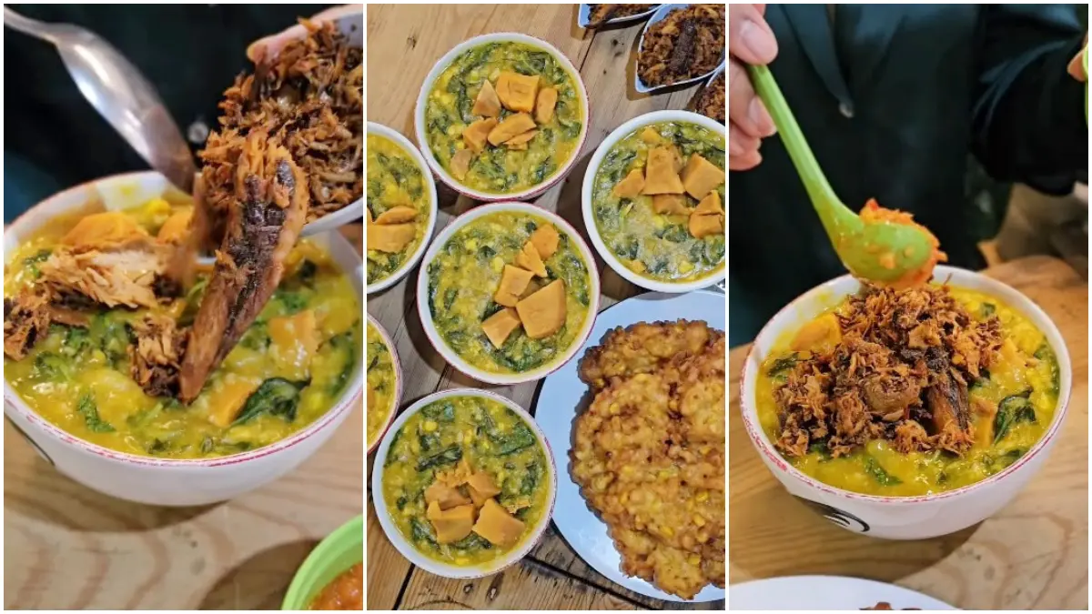 Bubur Manado dengan isian melimpah, lengkap dengan topping ikan cakalang dan sambal dabu-dabu di Dapur Mace, Taman Heulang.
(Foto: Instagram @kuliner_bgr)