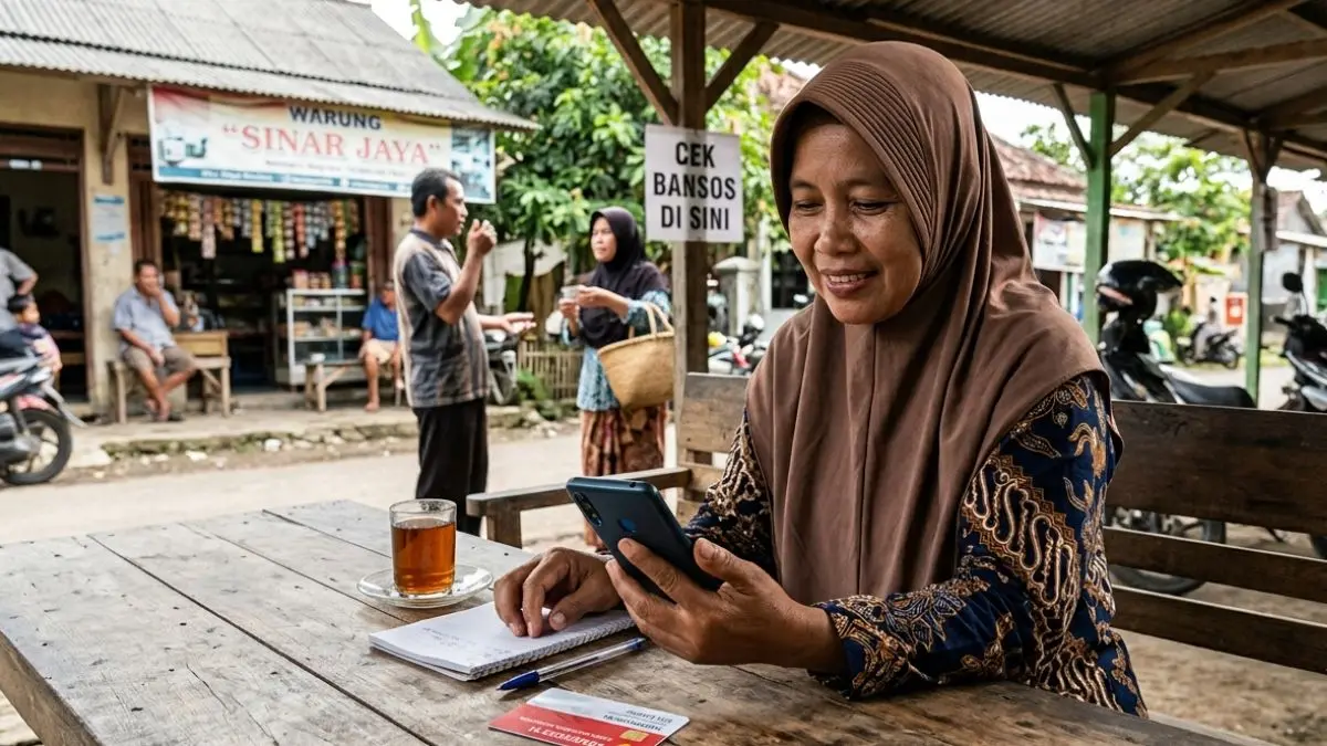 Ilustrasi KPM mengecek bansos menggunakan HP. (Gemini AI)