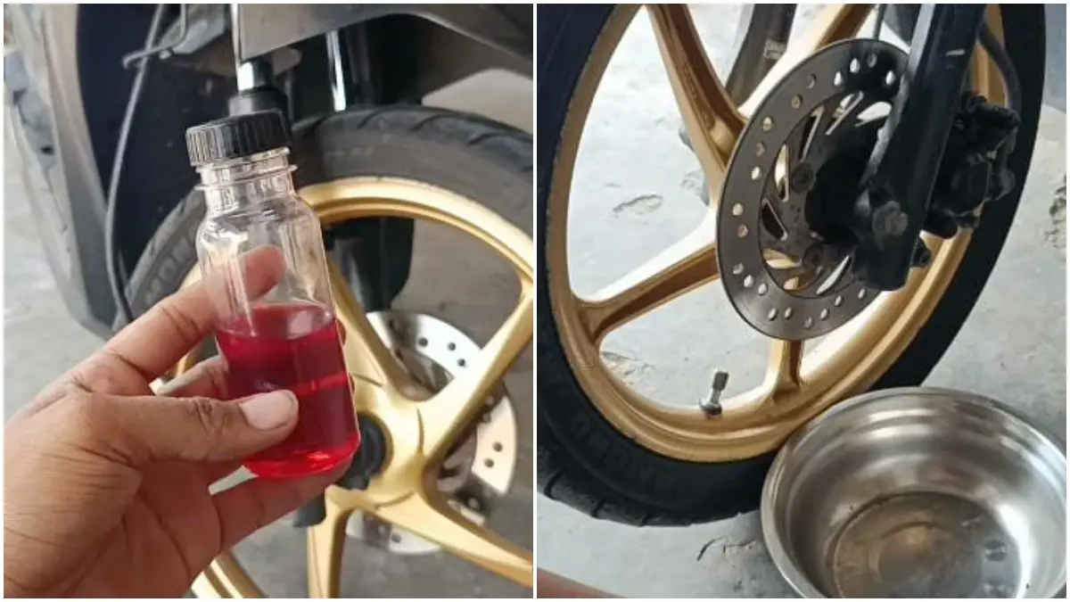 Tampilan menguras oli pada shockbreaker depan motor tanpa perlu bongkar. (Foto : Kanal Youtube @BeyeChannel)