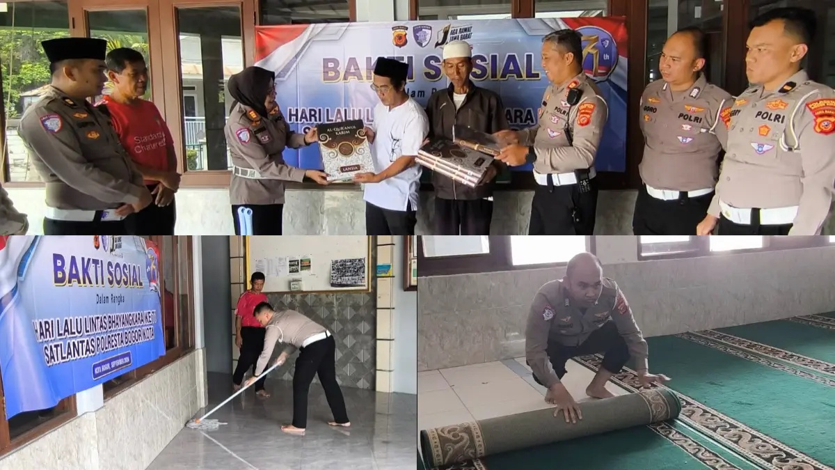 Personel Satlantas Polresta Bogor Kota melakukan aksi bersih-bersih di masjid. (Dok. Satlantas Polresta Bogor Kota)