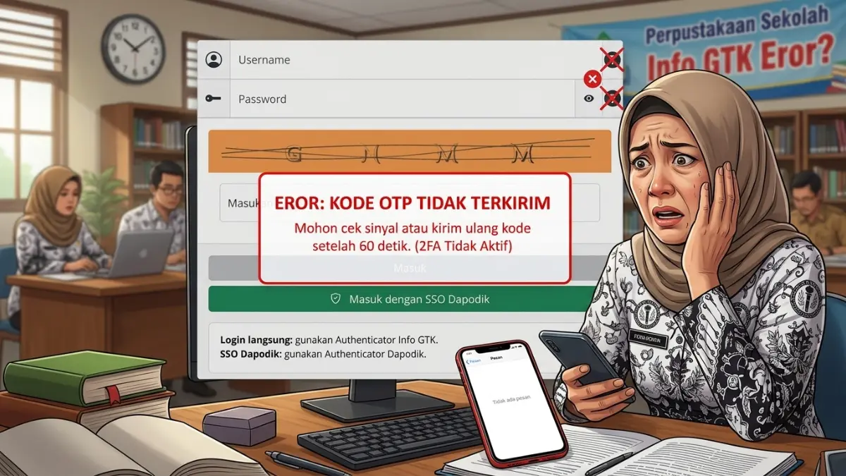 Ilustrasi guru yang gagal login ke Info GTK akibat kode OTP yang tidak terkirim (info.gtk.kemendikdasmen.go.id/Diolah dengan Gemini AI)