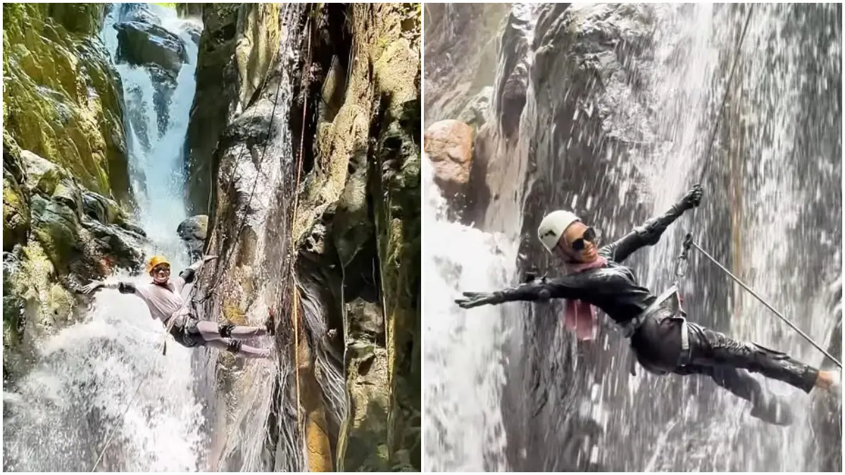 Aktivitas canyoning dengan teknik rappelling di Curug Ngumpet atau Curug Cibingbin, Bojong Koneng, Kabupaten Bogor. (Foto: Instagram @enjoybogor)