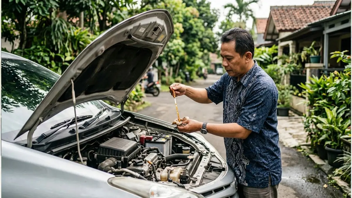 Ilustrasi pengecekan oli mesin mobil (ilustrasi Gemini AI)